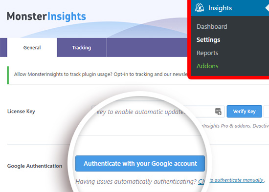 Click to begin authenticating your Google Analytics account