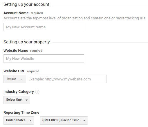 Fill in the info needed to create a Google Analytics account