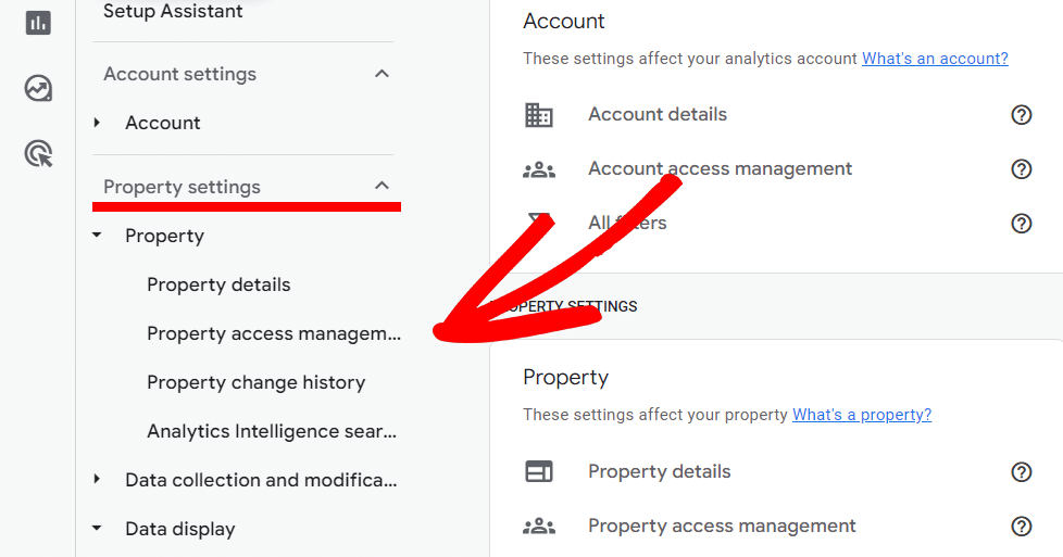 Property settings with arrow highlighting Property Access Management