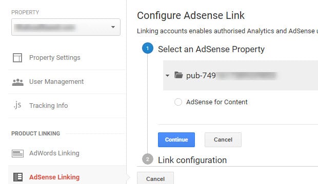 sélectionnez une propriété adsense