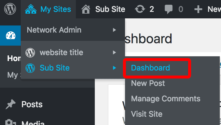 Sub-site Dashboard WP Multi-Site