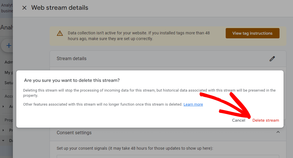 Delete data stream in Google Analytics 4
