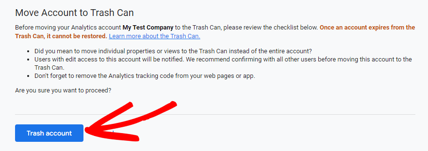 How to Delete a Google Analytics Account - trash account button