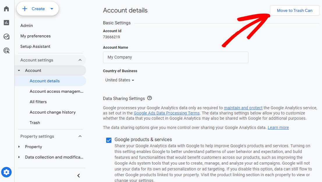 Delete a Google Analytics Account - move to trash button