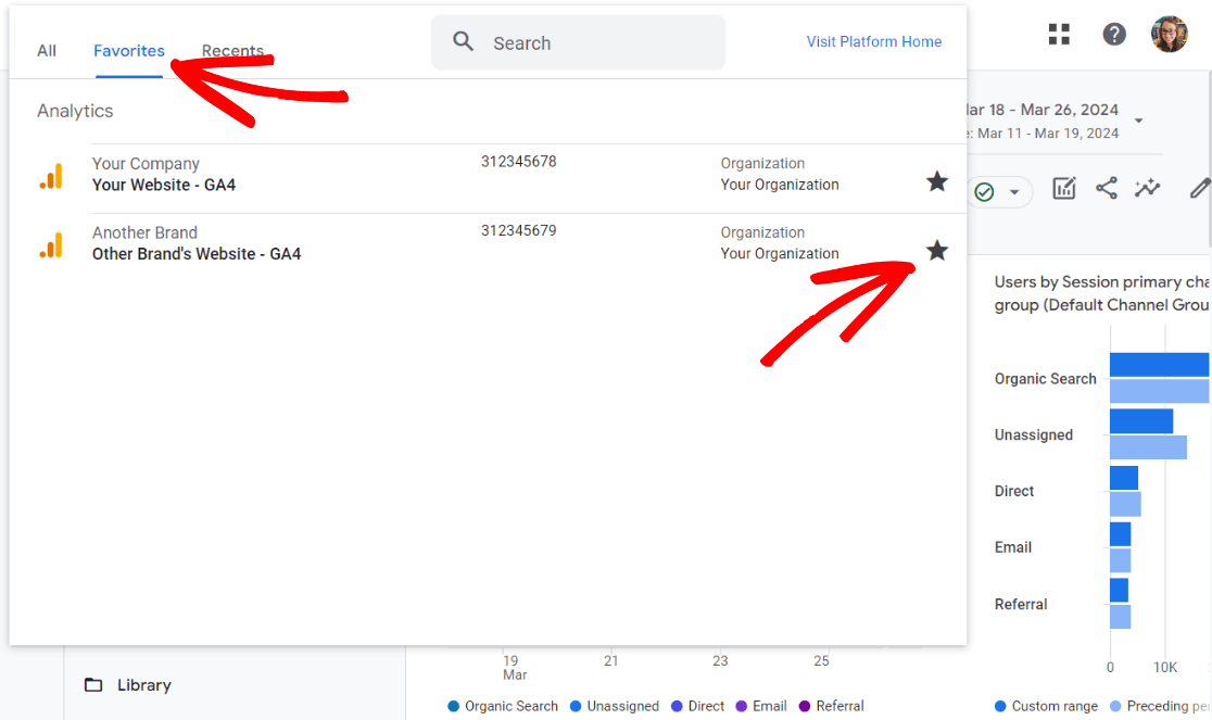 Google Analytics account favorites tab