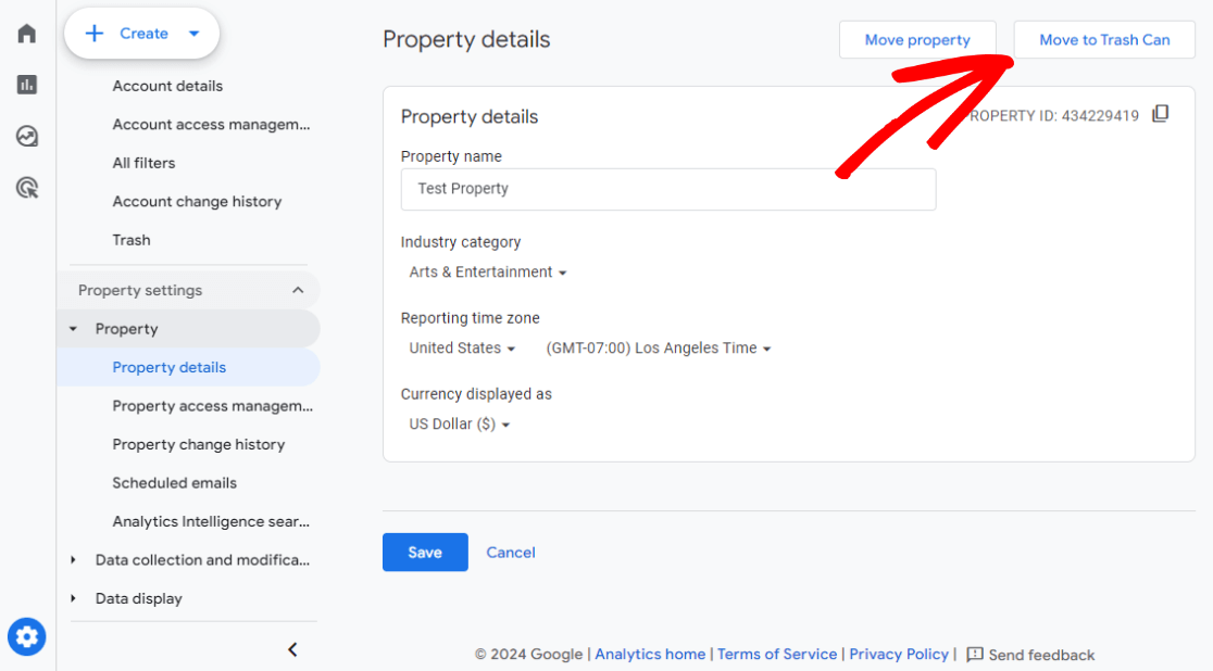 How to Delete a Google Analytics Property - move to trash button