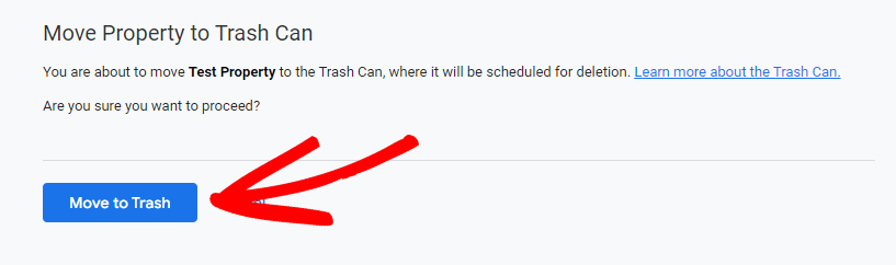 Delete a Google Analytics property - move to trash button