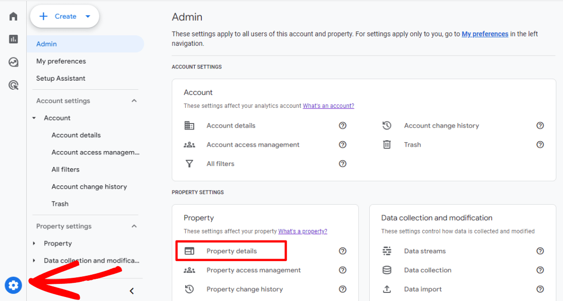 Property details in Google Analytics