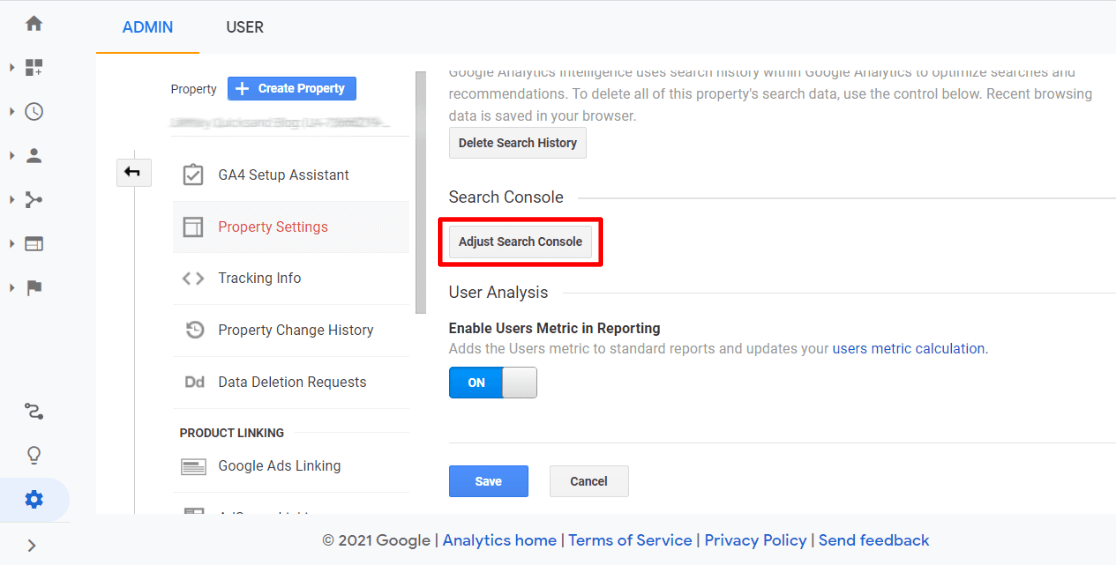 Ajuster le bouton de la console de recherche dans Google Analytics