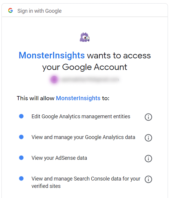 donner à monsterinsights l'accès au compte Google