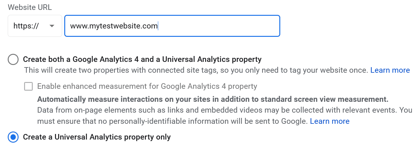 select create a universal analytics property only