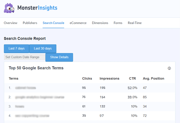 Rapport de la console de recherche MonsterInsights