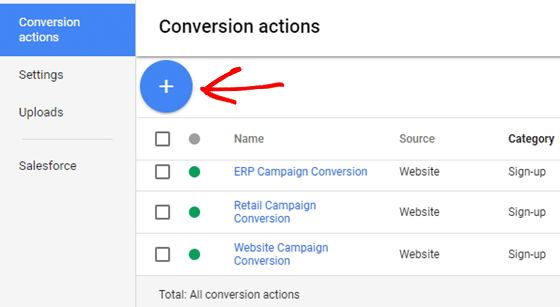 click + to add adwords conversion tracking