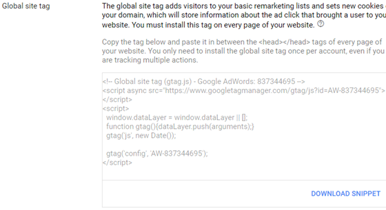 copier la balise de site global adwords sur un site Web