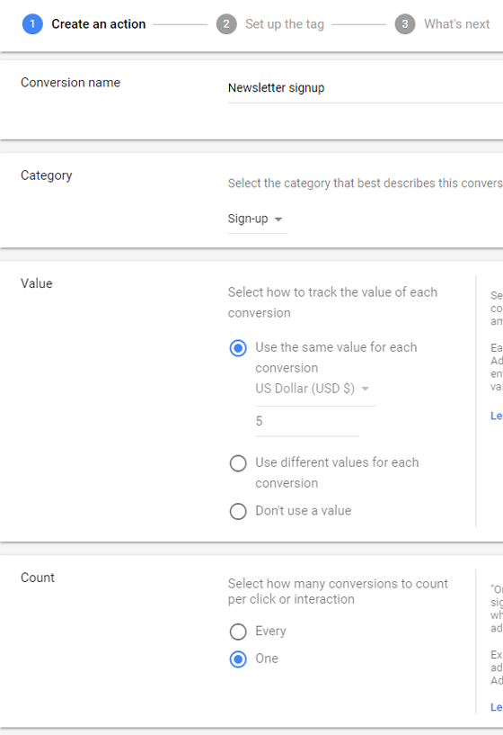 create an action in adwords