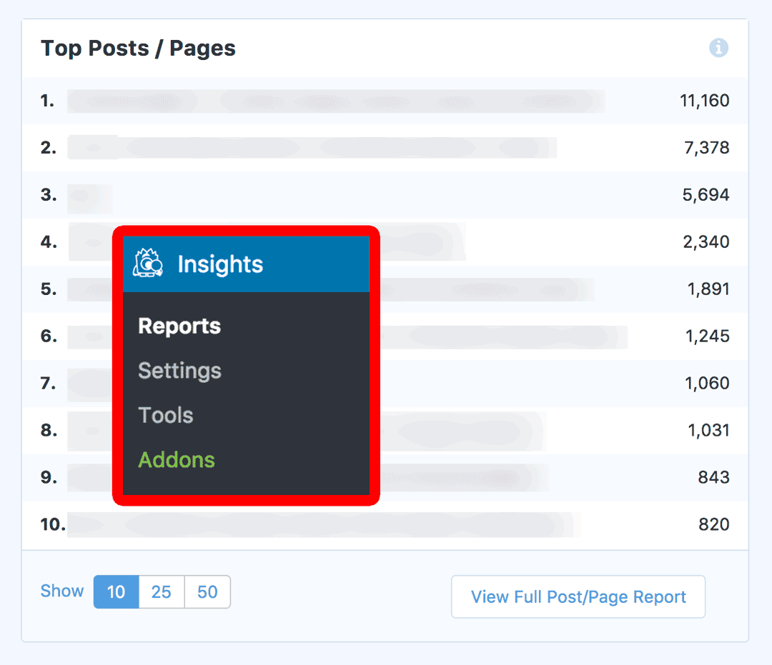 Rapport MonsterInsights: Principaux messages et pages avec menu