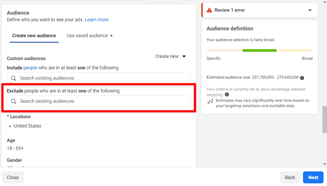 Exclude an audience with facebook ad targeting
