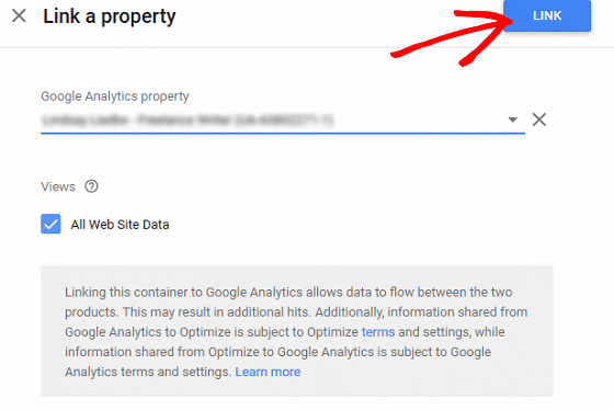 A/B Test Signup Forms - Google Optimize, Choose Property