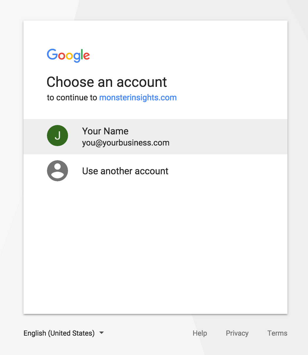 MonsterInsights Authentication - Select Your Google Account