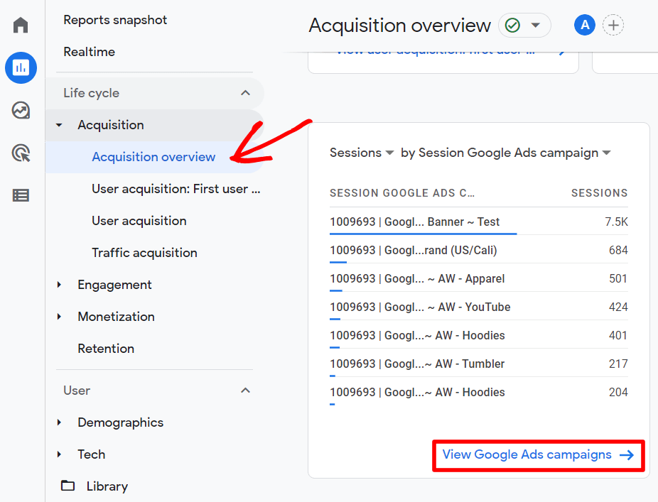 Sessions by Google Ads campaigns GA4 - Find Google Ads reports in GA4