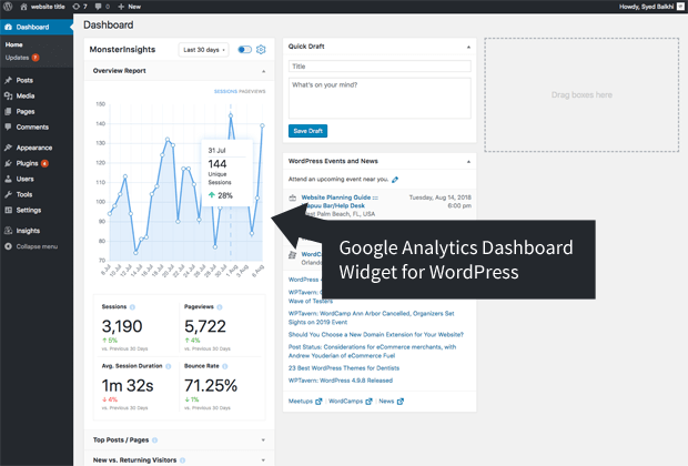 Widget de tableau de bord Google Analytics pour WordPress par MonsterInsights