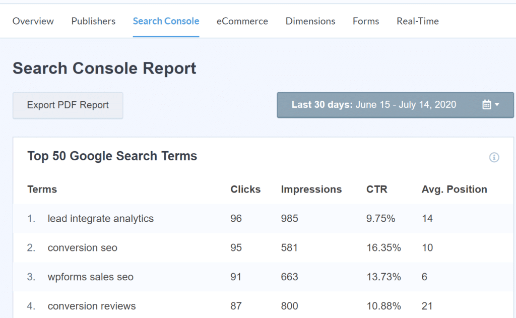 monsterinsights search console report