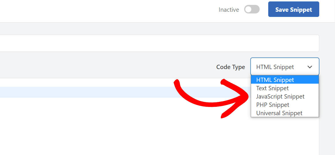 WPCode snippet, select Javascript snippet as code type
