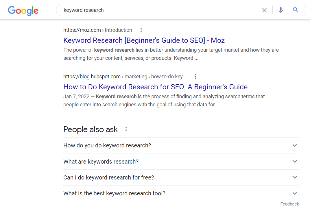 Google Search Results for Keyword Research