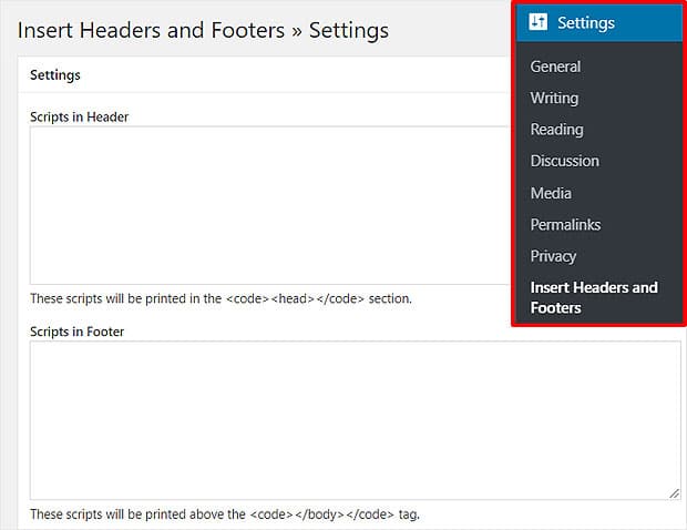 Insert Headers and Footers Settings