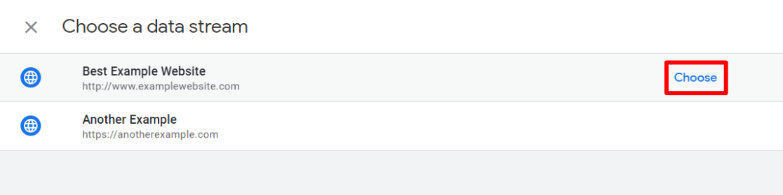 Choose a data stream - Search Console connection