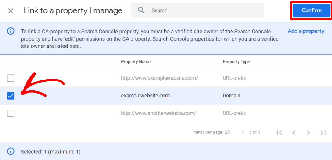 Link to Search Console property checkbox