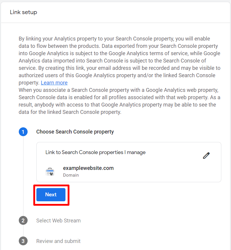 Next button Search Console linking