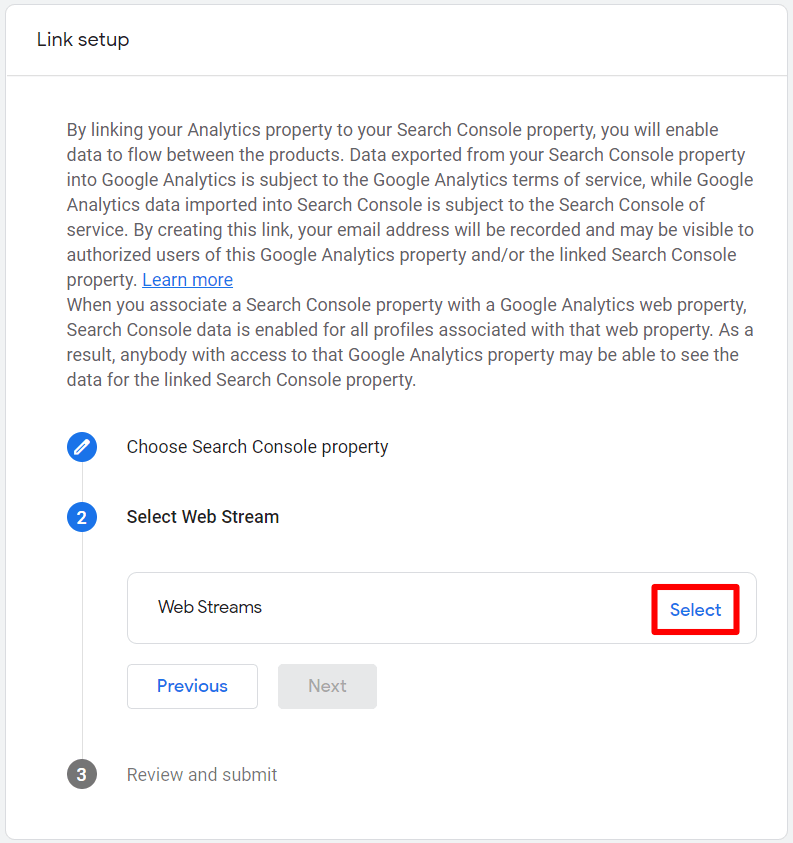 Select a web stream - Search Console linking