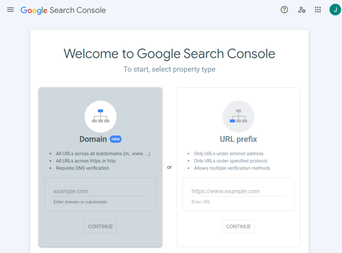 Select a Property Type in Google Search Console