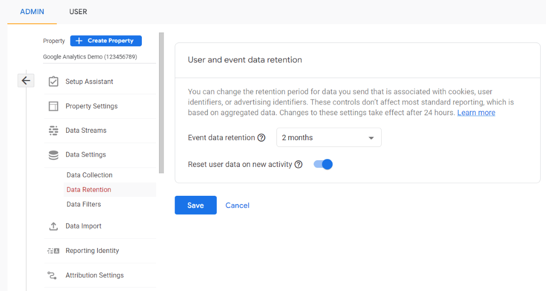 GA4 data retention settings