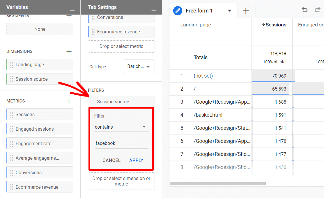 Track website traffic from Facebook - custom report filter