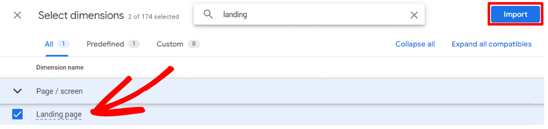 Import the landing page dimension into GA4