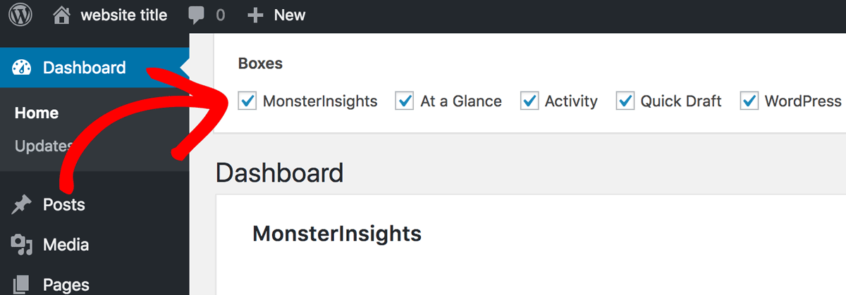 Deselect MonsterInsights Dashboard Widget