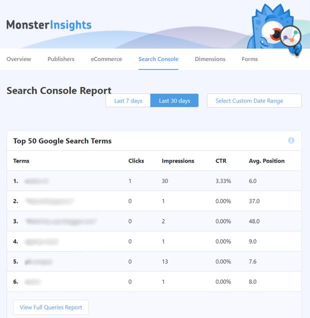 Rapport de la console de recherche MonsterInsights