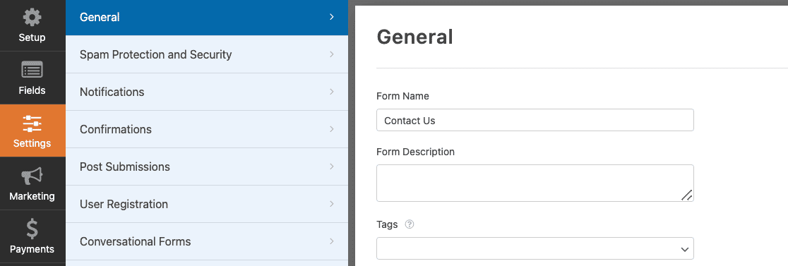 WPForms general form settings