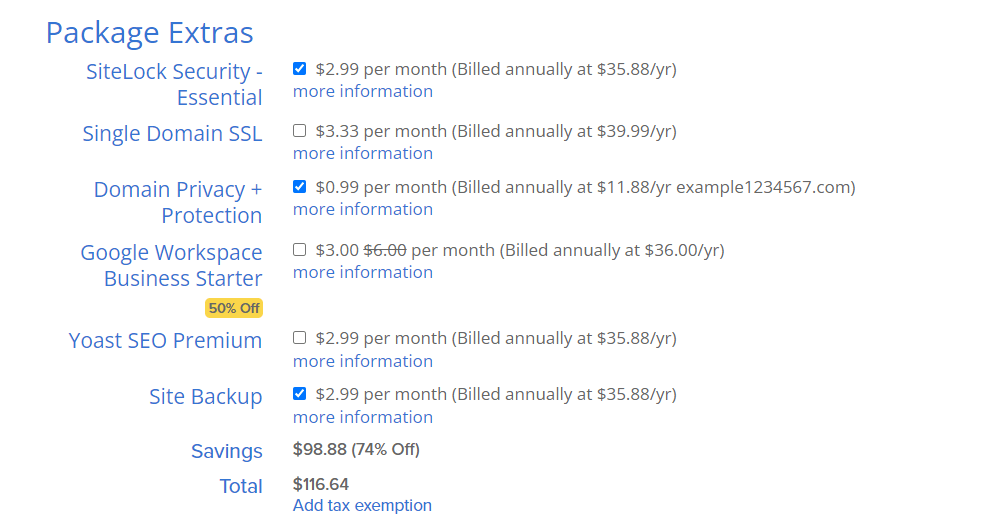 Bluehost package extras