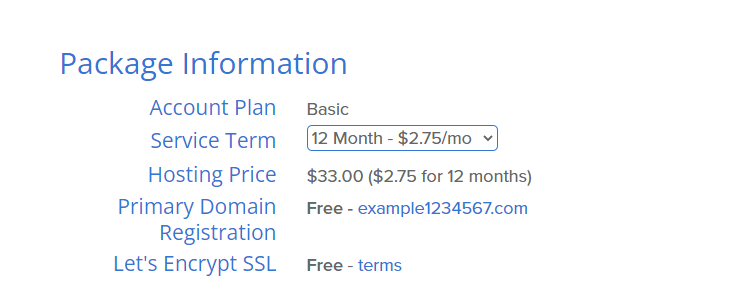 Bluehost package information in signup