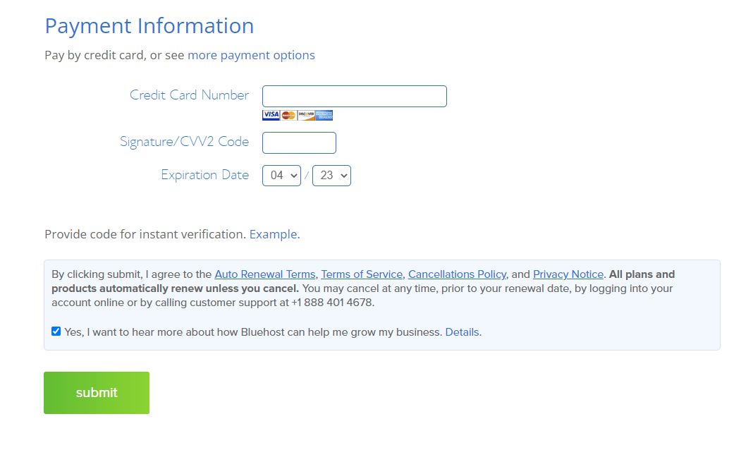 Bluehost payment information box