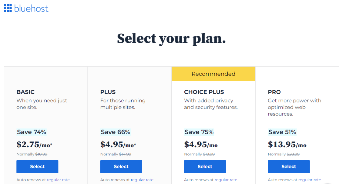 Bluehost plans select