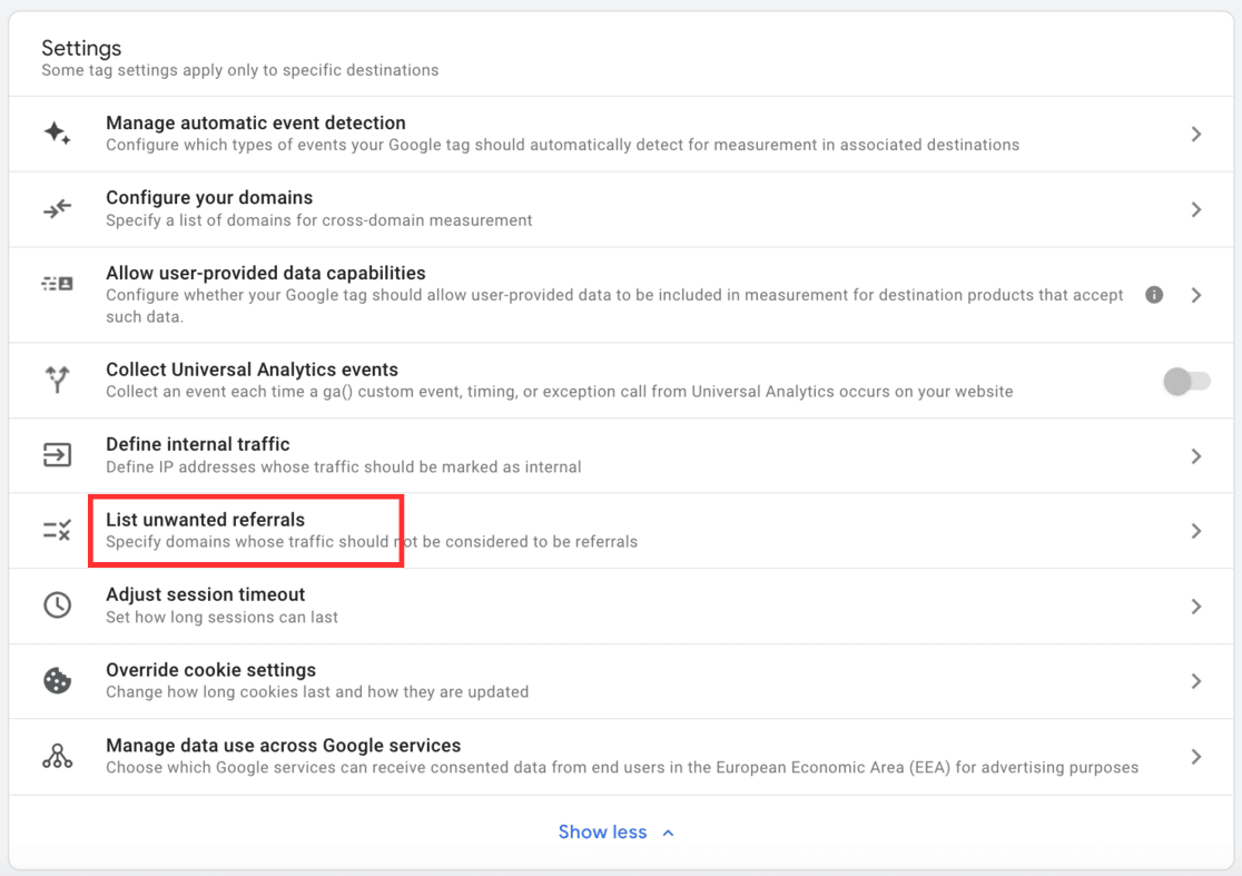 List unwanted referrals GA4