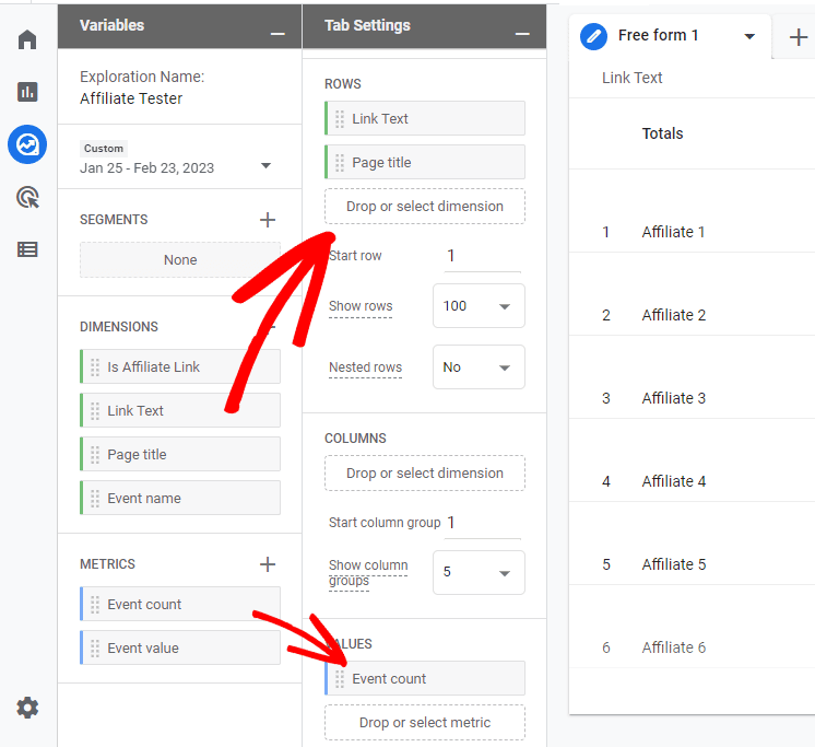 Affiliate tracking custom report in GA4