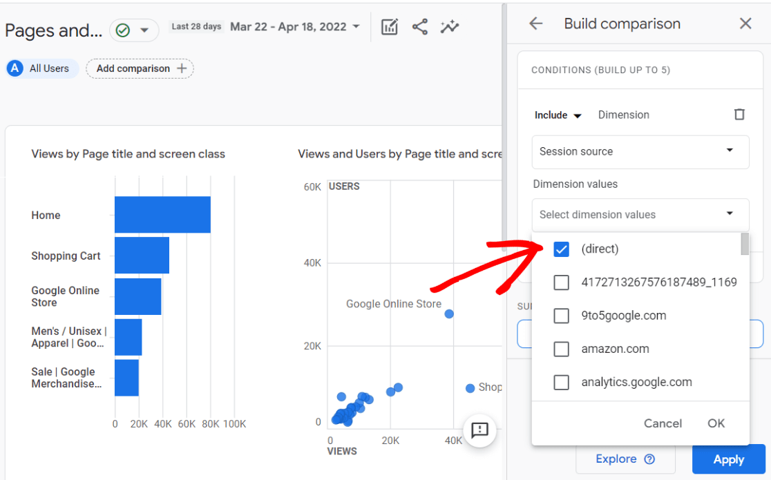 Direct traffic comparison in GA4