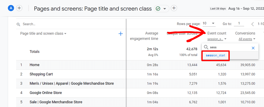 Event count column - choose session start