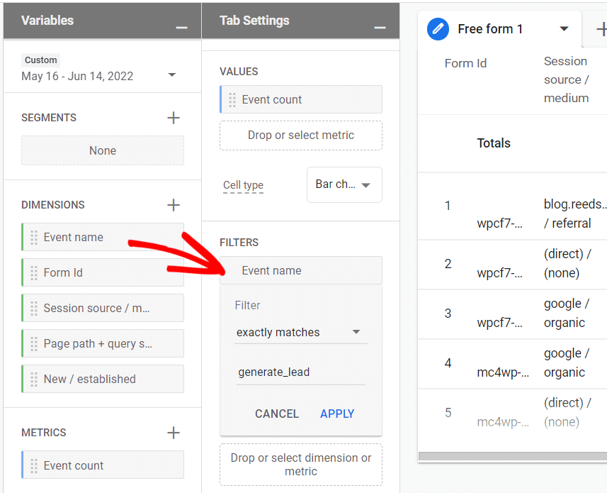 Form submission tracking - filter