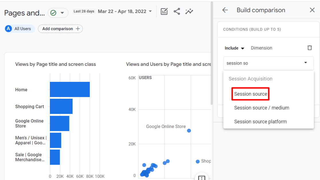 Session source comparison GA4